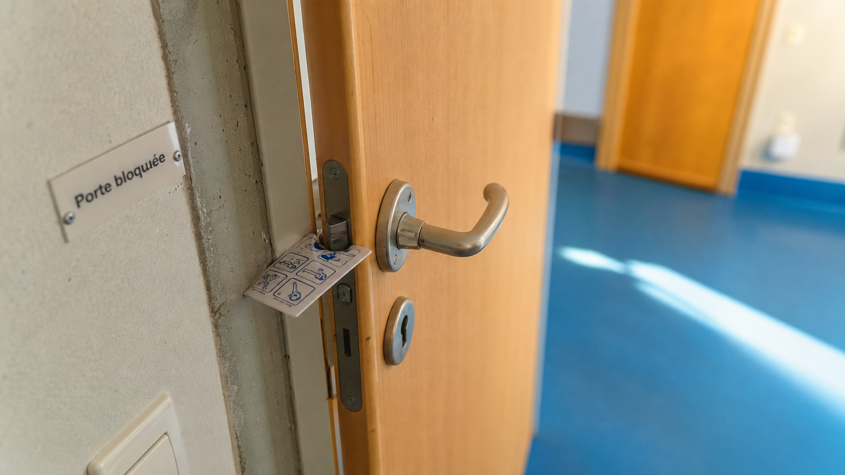 Comment ouvrir une porte de chambre bloquée : poignée ouverte, serrure et pêne visibles