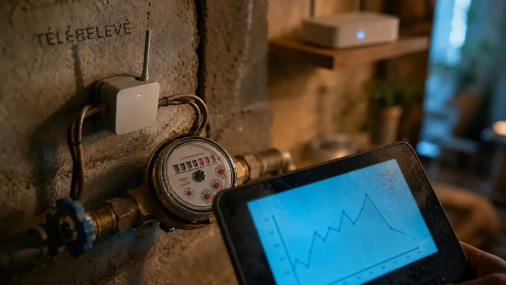 Compteur d eau connecté sur mur, télérelevé et détection fuites