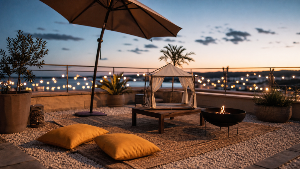 Déco jardin extérieur : terrasse méditerranéenne au crépuscule, luminaires et bordure ardoise