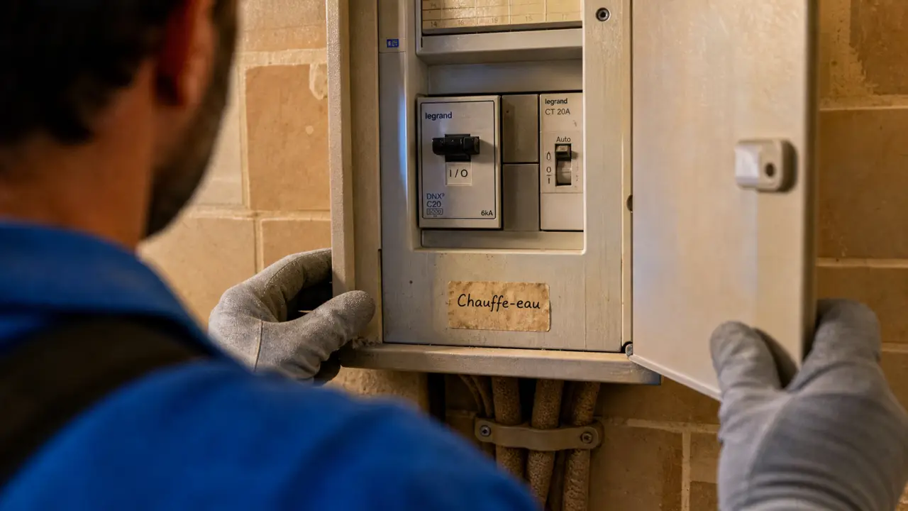 Disjoncteur chauffe-eau position I/O sur tableau électrique