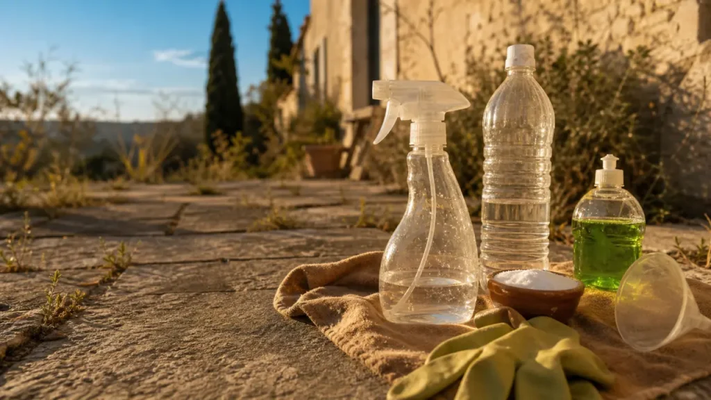 Dosage désherbant vinaigre sel liquide vaisselle sur terrasse