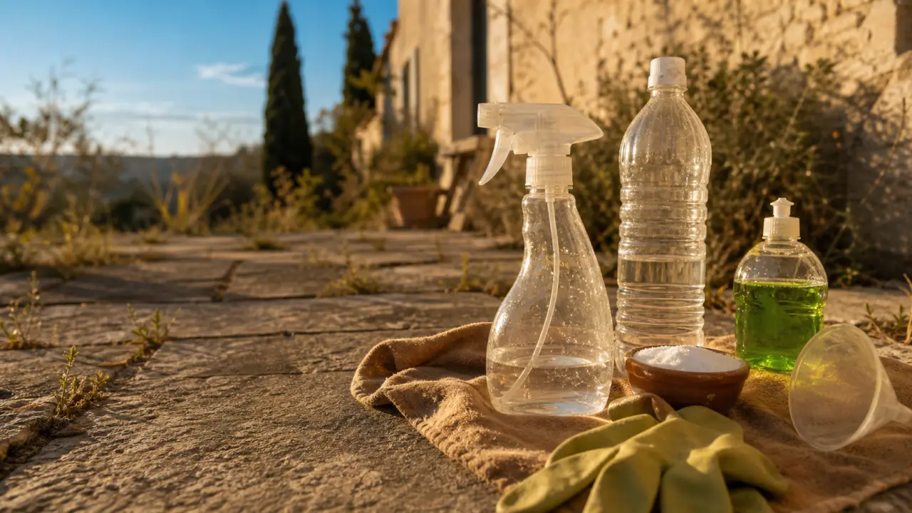 Dosage désherbant vinaigre sel liquide vaisselle sur terrasse