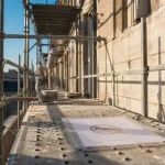 Echafaudage fixe en acier galvanisé avec ancrages et garde-corps sur chantier