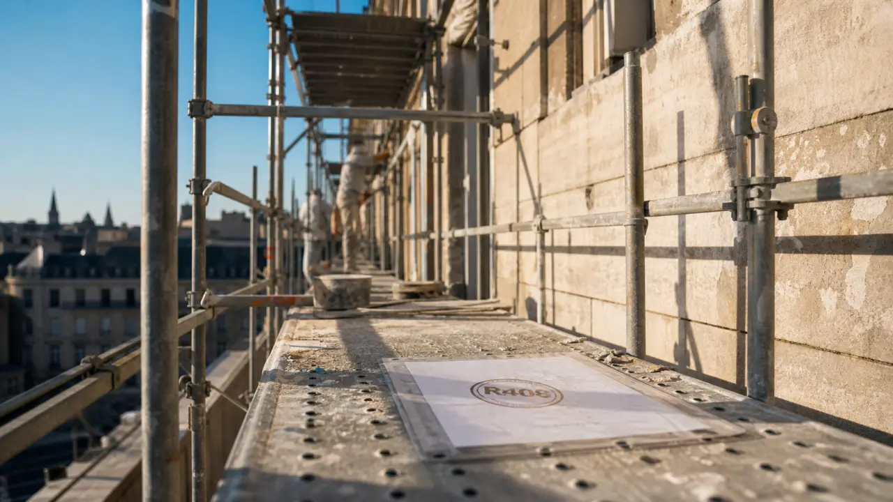 Echafaudage fixe en acier galvanisé avec ancrages et garde-corps sur chantier