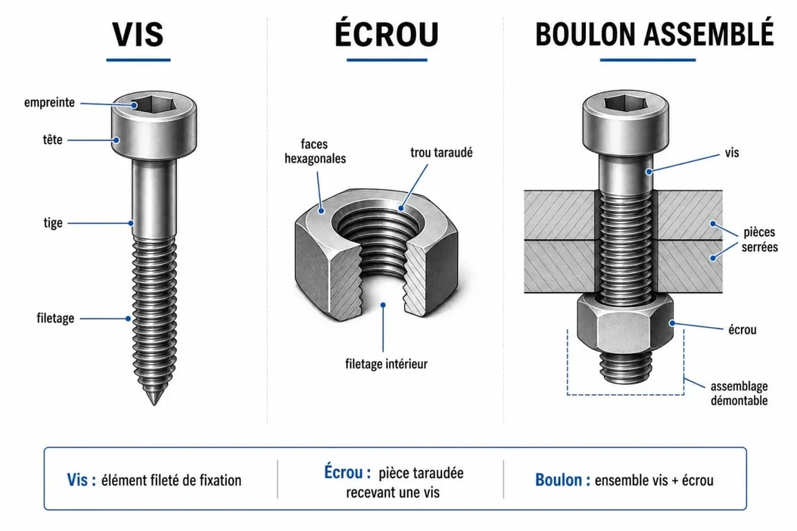 Schéma explicatif des différences entre vis, écrou et boulon pour le bricolage