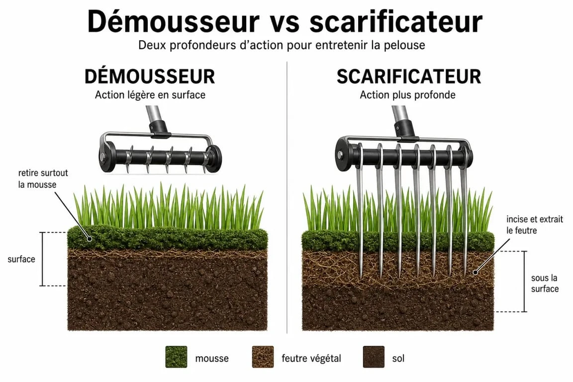 Démousseur ou scarificateur : comparaison visuelle des deux outils pour entretenir la pelouse