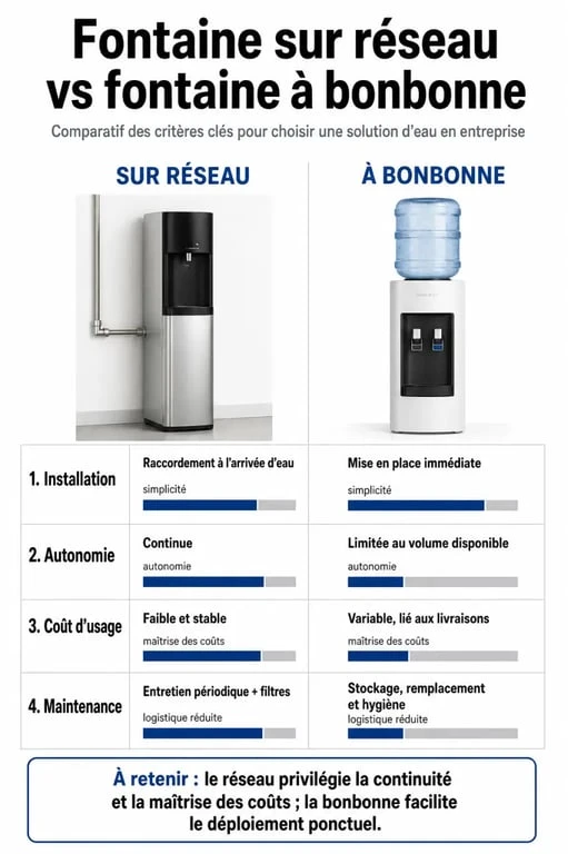 Comparatif installation fontaine à eau réseau vs bonbonne