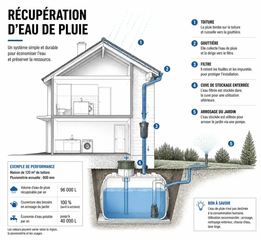 Schéma explicatif pour récupérer l'eau de pluie au jardin