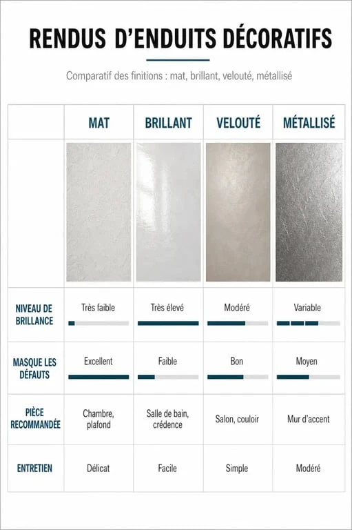 Comparatif des finitions d'enduit décoratif structuré : mat, brillant, velouté et métallisé