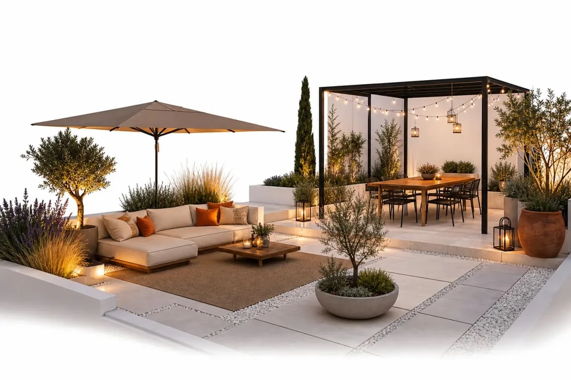Déco jardin extérieur inspirante avec terrasse, guirlandes lumineuses, tonnelle et bordures décoratives