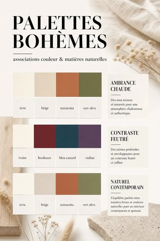 Couleur boheme : palette de nuances terracotta, écru, beige, vert olive, bordeaux et bleu canard dans une composition éditoriale