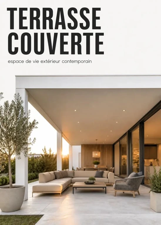 Terrasse couverte maison moderne avec pergola en aluminium et éclairage LED
