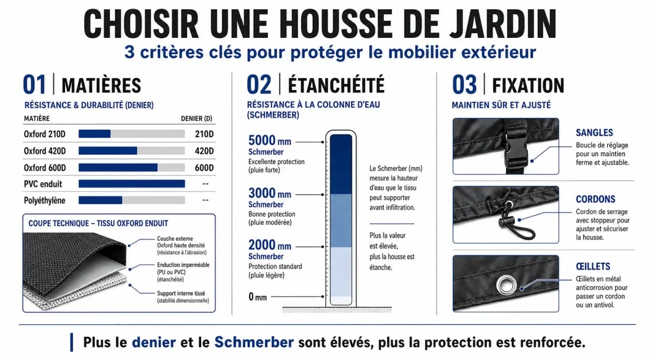 Housse pour mobilier de jardin : comparatif des matériaux, de l’étanchéité et des fixations