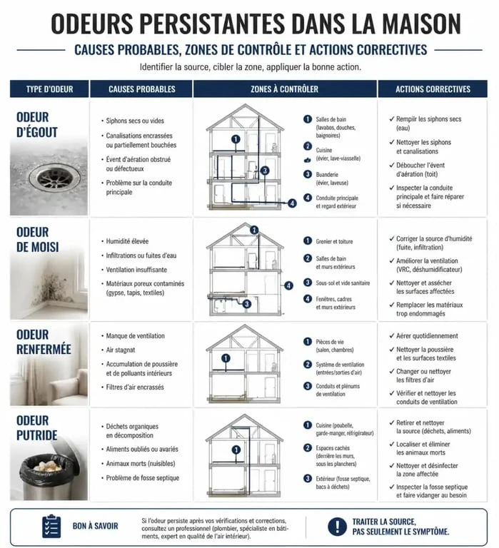 Infographie des causes et solutions pour une odeur maison introuvable