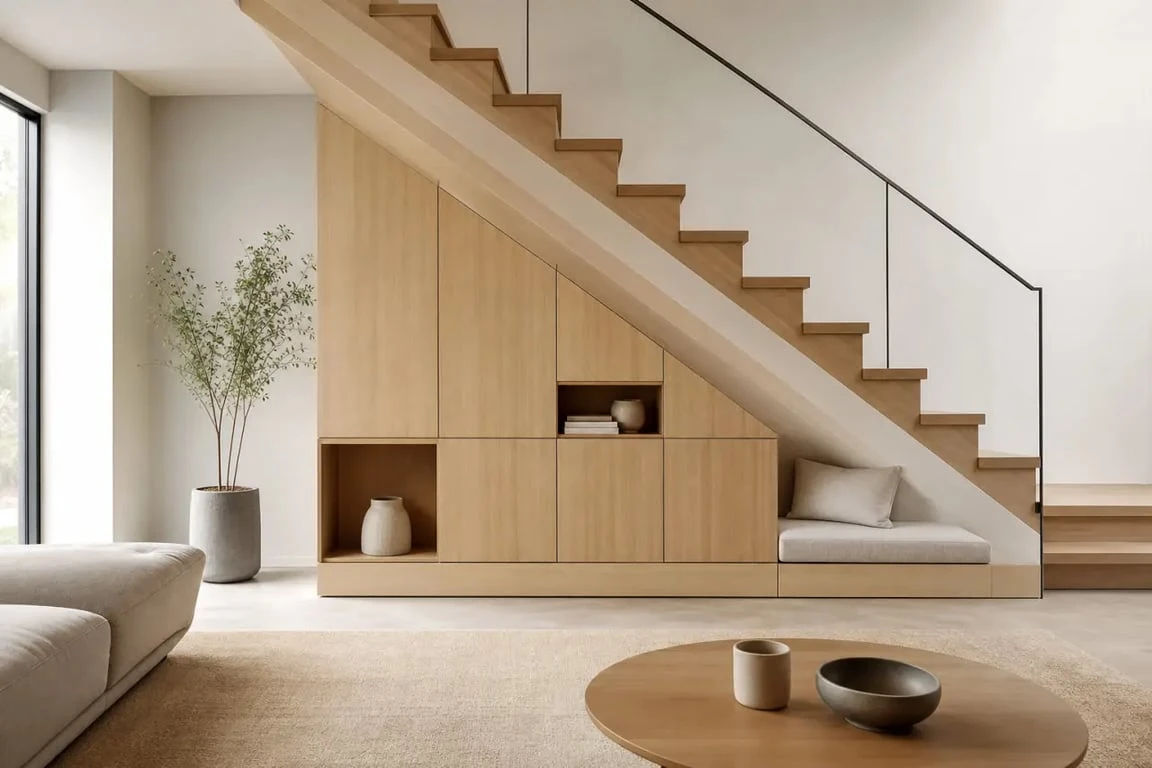 Aménagement sous escalier ouvert avec rangements bas en bois clair et coin lecture dans une pièce lumineuse