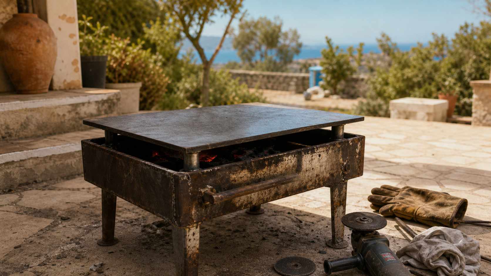 Fabriquer brasero plancha en acier : plaque 5 mm sur fût 200 litres