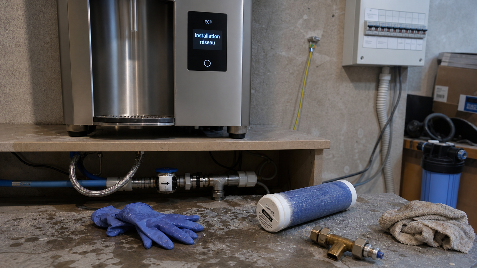Installation fontaine à eau : raccordement sous plan de travail et tuyaux froids