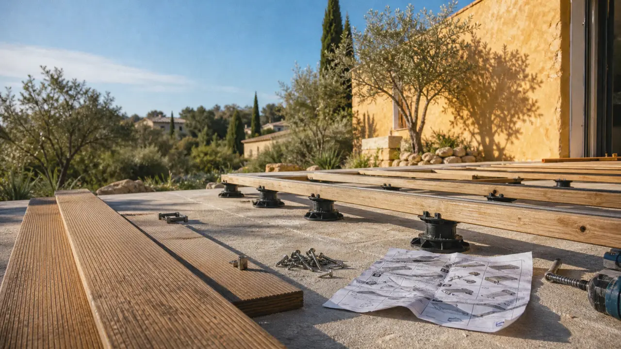 Kit terrasse : lames bois sur plots PVC réglables et visserie inox