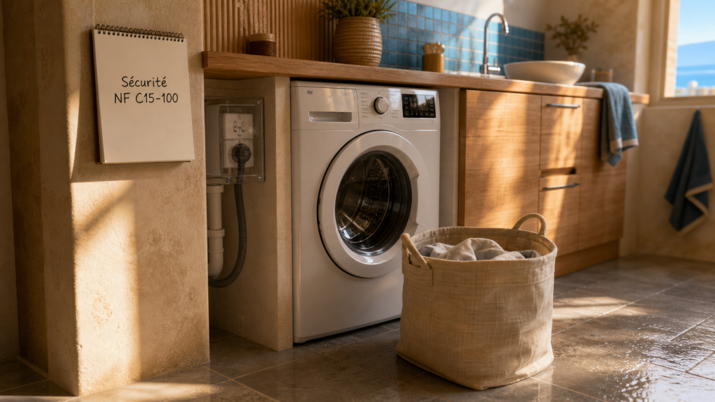 Lave linge salle de bain 60 cm, NF C 15-100, prise protégée