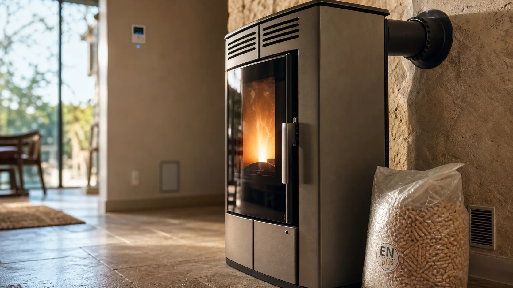 Meilleur poele a granule silencieux : poêle à granulés et sac ENplus en intérieur