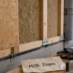 Mur à ossature bois en cours : montants bois et couches isolant