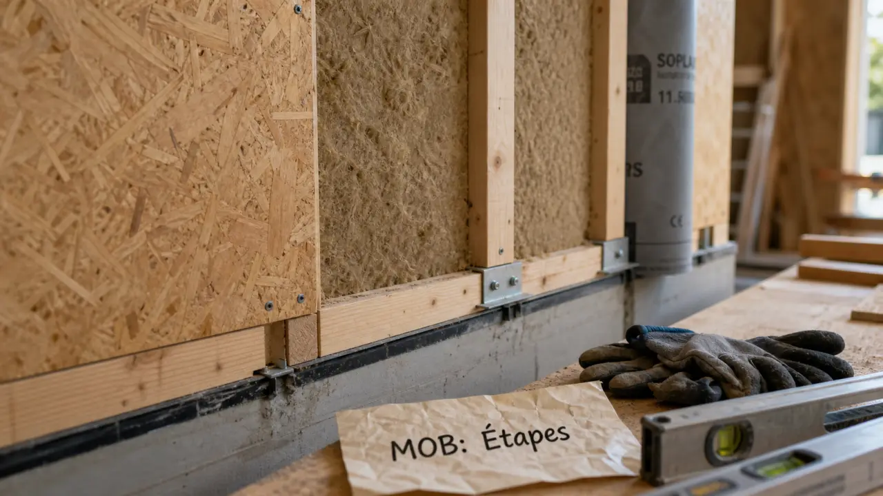 Mur à ossature bois en cours : montants bois et couches isolant