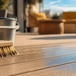 Nettoyer terrasse en composite : brosse et eau savonneuse sur lames
