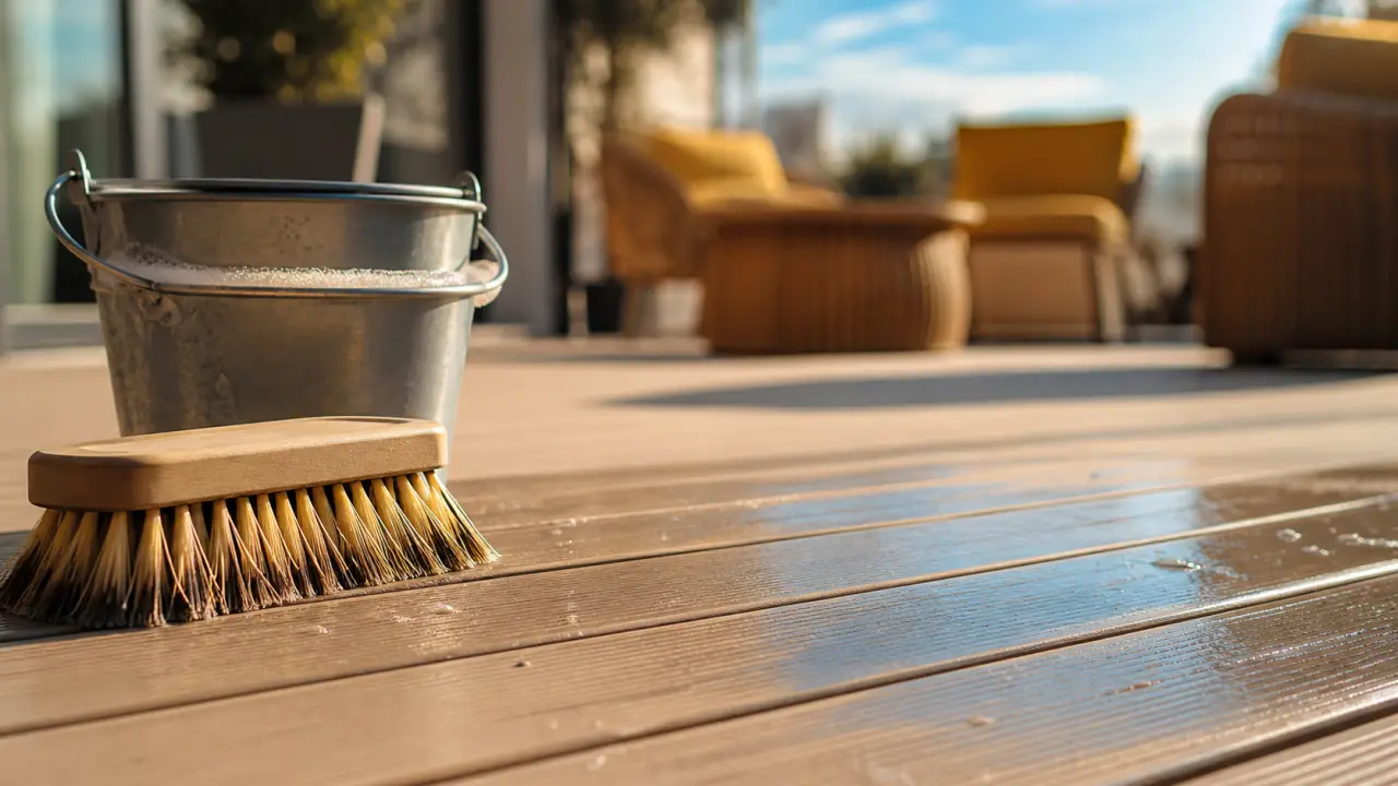 Nettoyer terrasse en composite : brosse et eau savonneuse sur lames