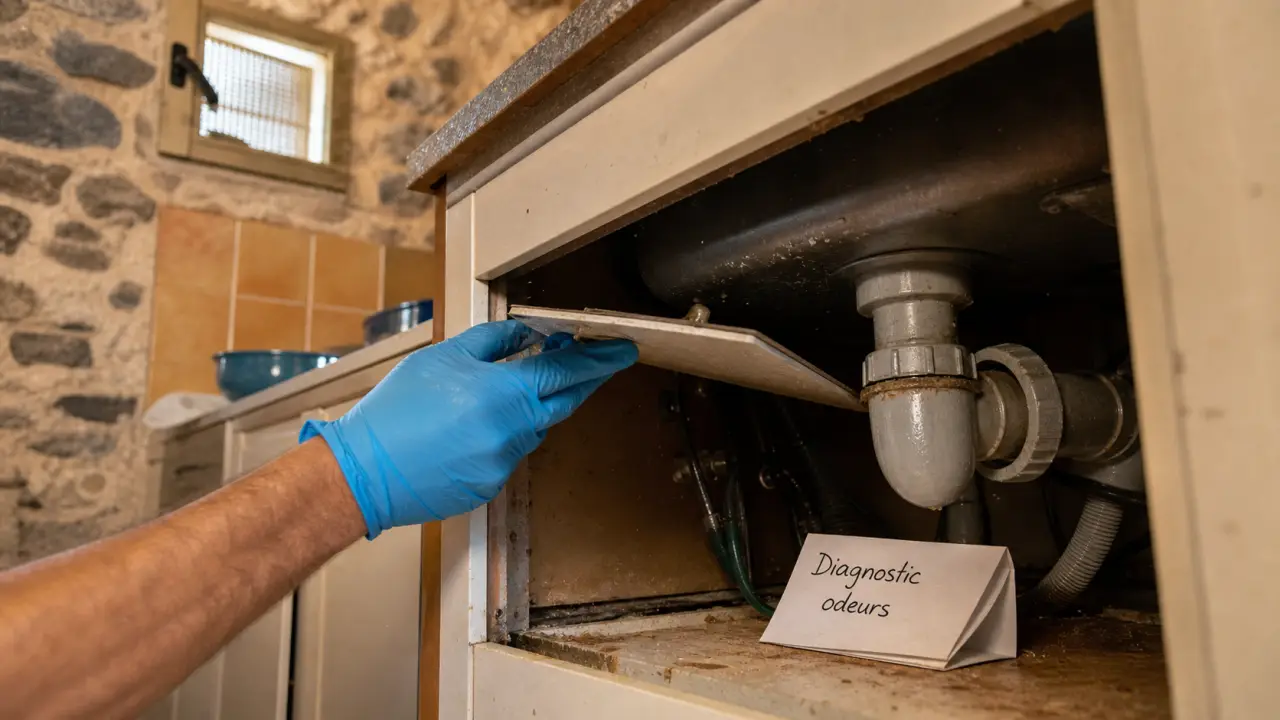 Odeur maison introuvable : diagnostic sous évier, siphon humide