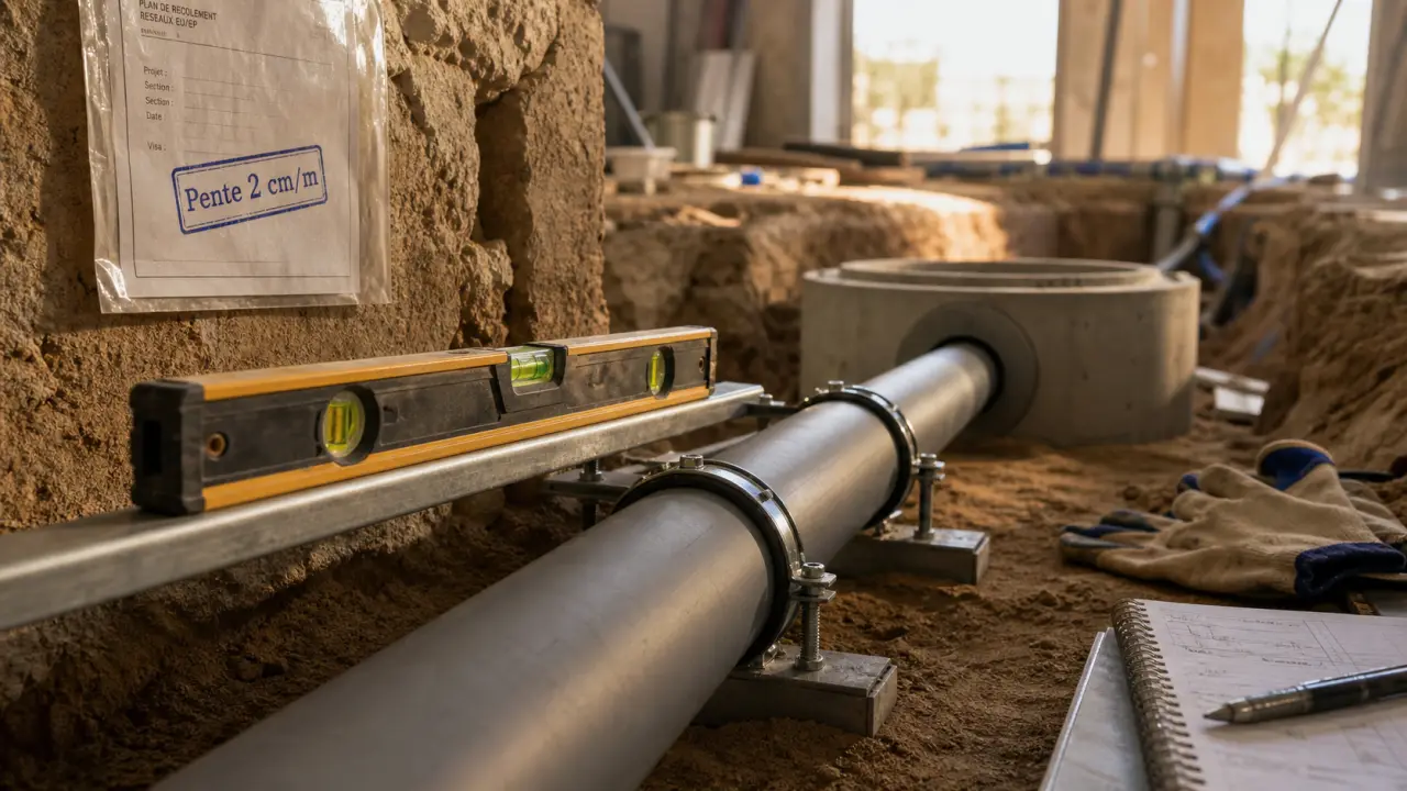 Pente évacuation eaux usées : niveau à bulle pour canalisation PVC inclinée