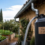 Récupérer l’eau de pluie au jardin : récupérateur d’eau et tuyau vers la cuve