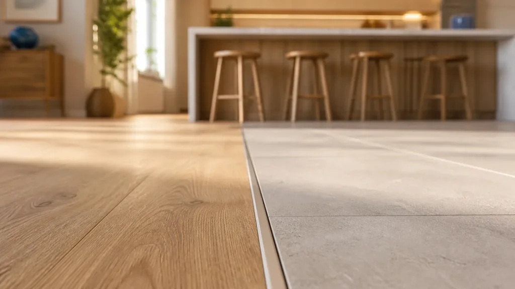 Jonction salon parquet et cuisine carrelage, profilé discret et alignement sur l’axe de l’îlot