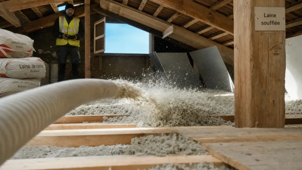 Souffler laine de roche en combles perdus, couche de 33 cm après tassement