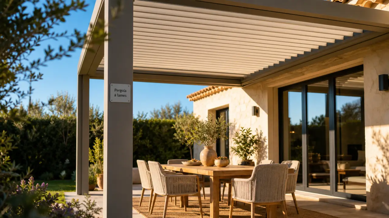 Terrasse couverte maison avec pergola à lames orientables
