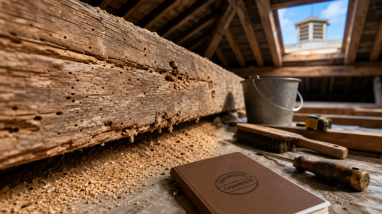 Traitement charpente bois : sciure, trous et vermoulure sur une poutre en bois