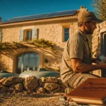 Autosuffisance maison : technicien vérifie régulateur solaire et jauge