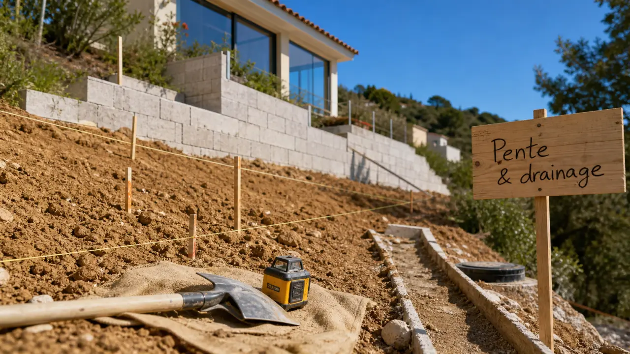 Maison en gradins semi-enterrée pour construire sur un terrain en pente, drainage visible