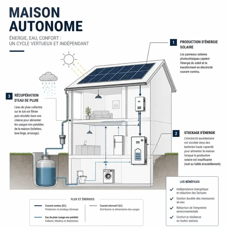 Schéma de fonctionnement d'une maison en autosuffisance énergétique et en eau