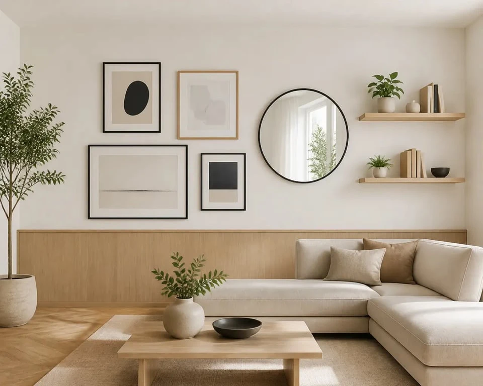 Idées pour decorer mur blanc avec cadres, miroir et étagères flottantes dans un salon lumineux