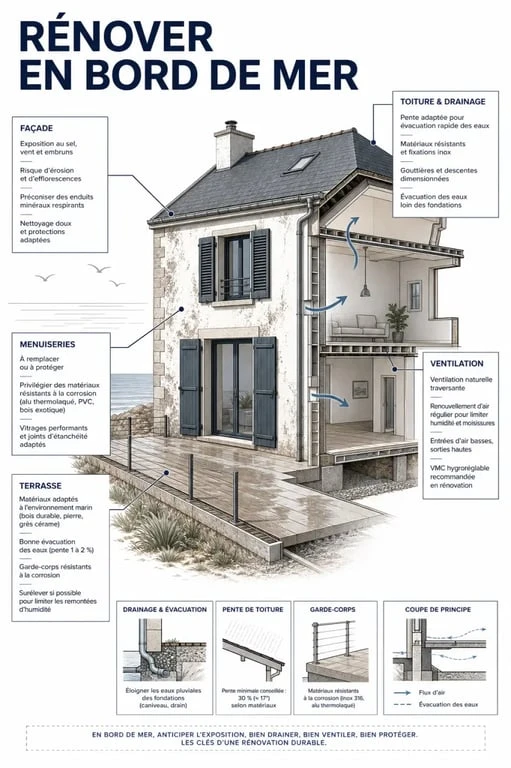 Rénovation maison bord de mer : maison littorale en travaux avec ses zones sensibles à traiter