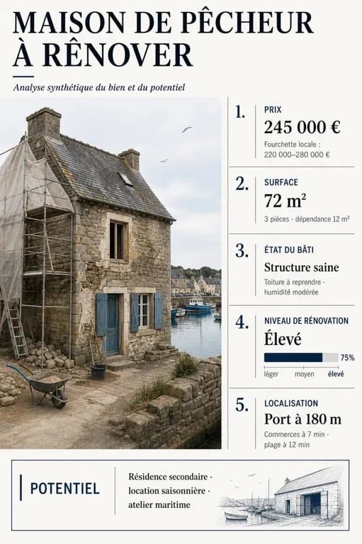 Maison de pecheur a renover : visualisation comparative du prix, de la surface, de l’état et de la localisation