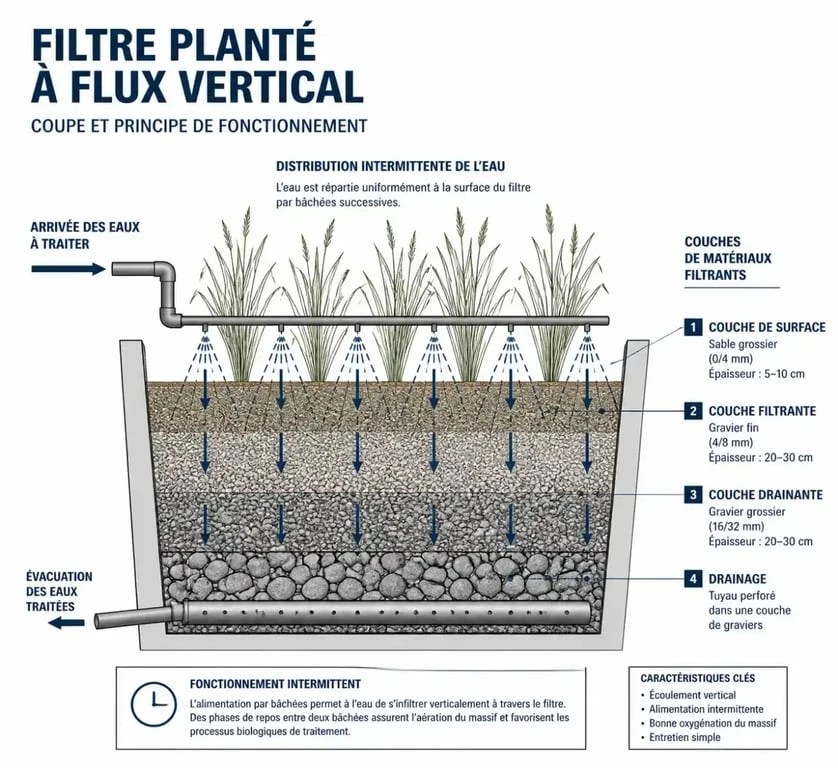 Schéma de fonctionnement d'un filtre planté à flux vertical pour l'assainissement naturel