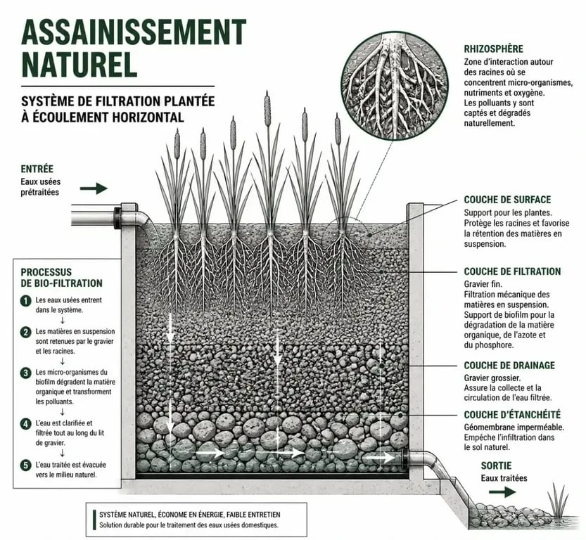 Schéma du fonctionnement de l'assainissement naturel par la rhizosphère