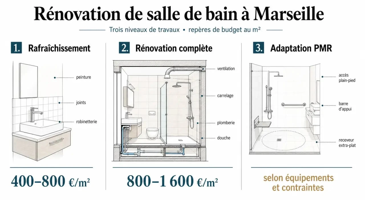 Rénovation salle de bain marseille : niveaux de travaux et budgets indicatifs