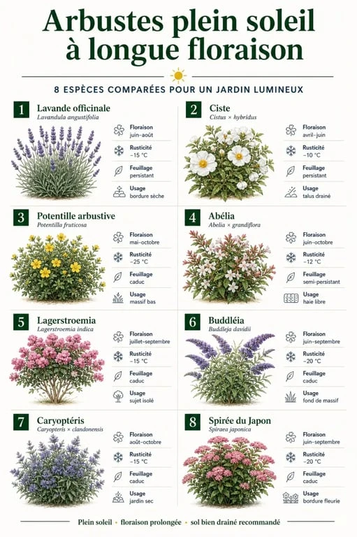 Arbuste plein soleil longue floraison : infographie comparative des espèces, floraison, rusticité et usages