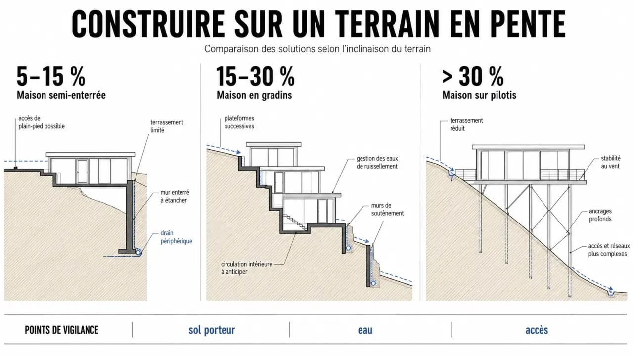 Construire sur un terrain en pente : comparaison des solutions semi-enterrée, en gradins et sur pilotis selon la pente