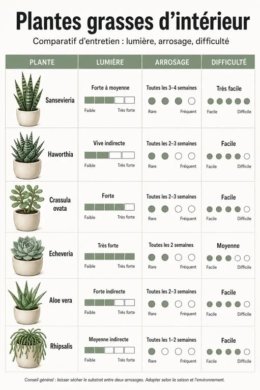 Plantes grasses interieures : comparaison des variétés faciles selon la lumière et l’arrosage