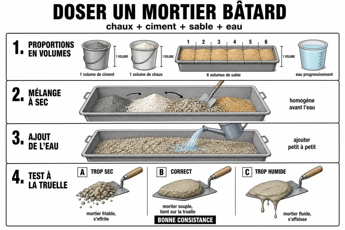 Dosage mortier bâtard chaux ciment sable : étapes de mélange et test de la bonne consistance