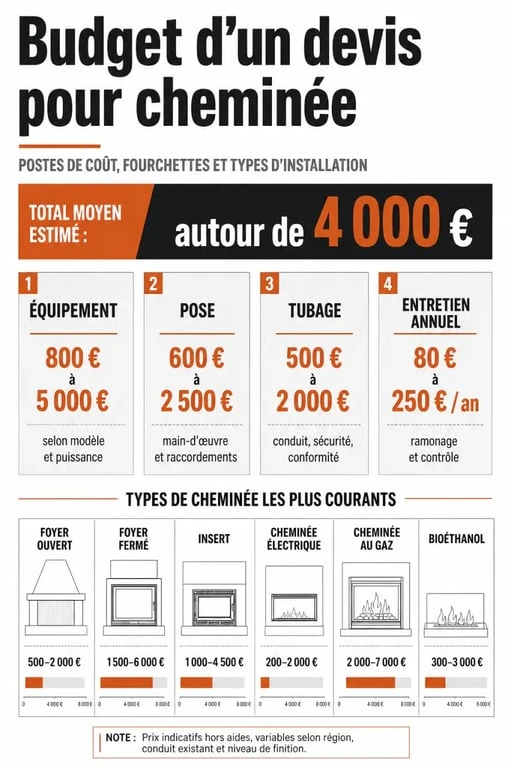 Devis pour cheminée : infographie des prix, de la pose, du tubage et de l’entretien