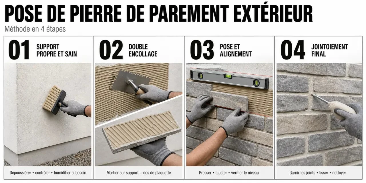 Collage pierre de parement extérieur en 4 étapes sur façade avec double encollage et jointoiement